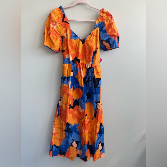 Tabitha Brown Target Floral Puff Sleeve Bow Back Blue Orange Midi Dress - Picture 5 of 13